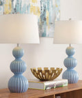 28 Inch Blue Ceramic Table Lamps Set Of 2 For Living Room And Bedroom Modern Coastal Nightstand Lamps With White Linen Shade