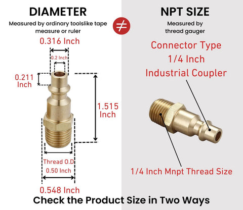 Air hose fittings and air coupler plug by T TANYA HARDWARE, 1/4 in MNPT, solid brass, Industrial Type D, 2-piece kit