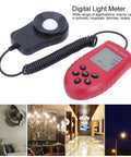 Handheld Digital Illuminance Meter Lux Meter With Auto-Ranging Photometer, red display unit with sensor and coiled cable