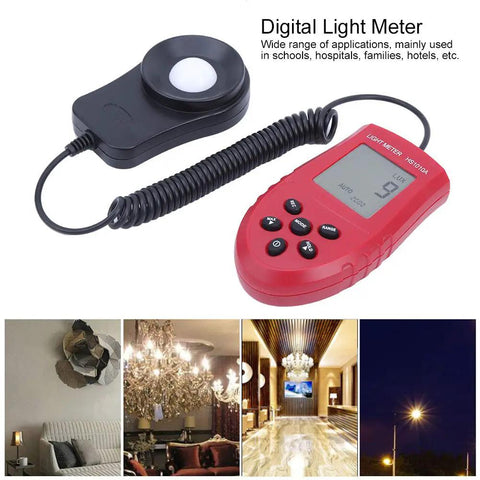 Handheld Digital Illuminance Meter Lux Meter With Auto-Ranging Photometer, red display unit with sensor and coiled cable