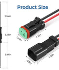 Diagram of Plug-And-Play 2 Pin Waterproof Wiring Harness Pigtail Kit With 16 AWG Leads, Black Male And Female Connectors, IP67 Automotive Electrical Connector Set, Heat Shrink Tubing, 10 Cm Wires For Quick DIY Install, showing product size and dimensions.