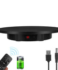 Heavy Duty Motorized Rotating Display Stand Rechargeable 360 Degree Platform With Remote Control, black turntable with battery indicator.