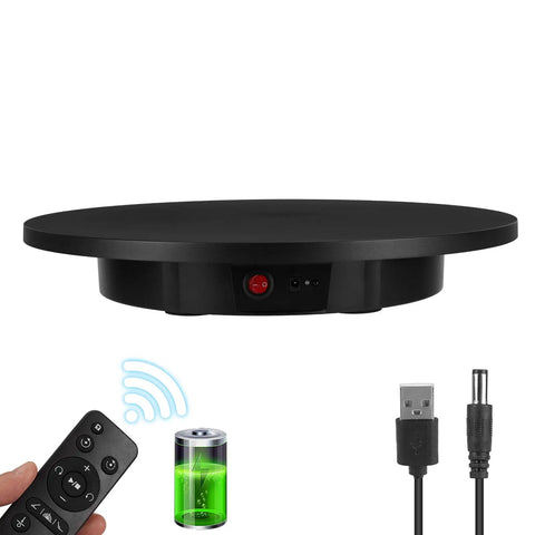 Heavy Duty Motorized Rotating Display Stand Rechargeable 360 Degree Platform With Remote Control, black turntable with battery indicator.