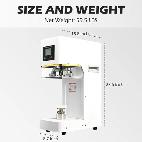 No Sweat Automatic Cup Sealer, 140 Watt Commercial Foil Wrapping Machine dimensions 15.8 x 23.6 x 8.7 inches, 59.5 lbs weight.