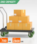 Heavy duty cart with boxes showing 2800 lbs total load capacity, featuring high temp oven caster wheels for industrial use.