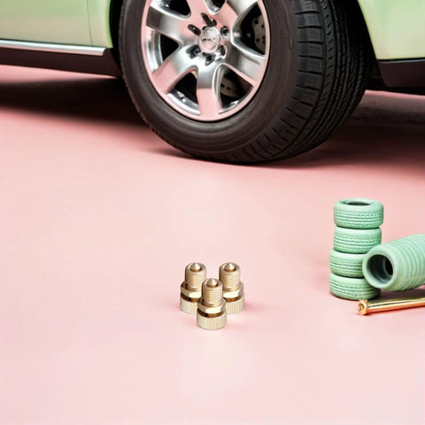 Three Piece Air Bleeder Valve Kit For Heavy Duty High Pressure Air Pumps 30 MPa Pressure Relief Screws with car tire in background.