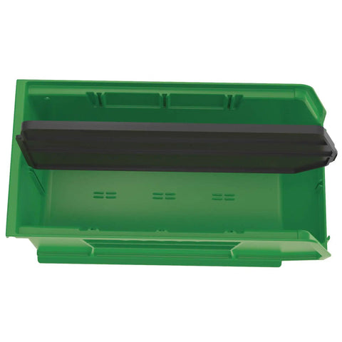 Plastic Length Dividers For AkroBins Six Pack Black Create Custom Compartments in a green stackable bin, top view
