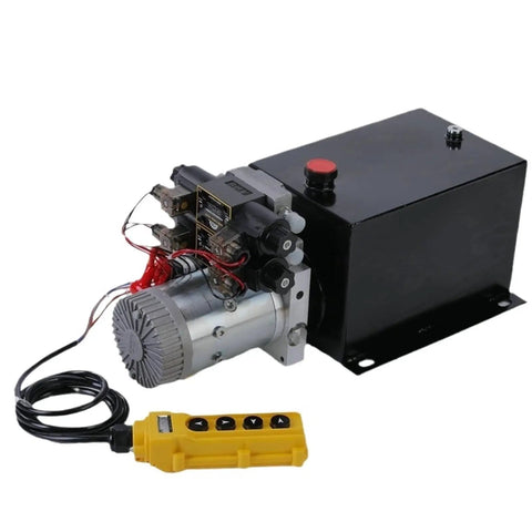 Tough DC Electric Hydraulic Power Pack Designed For Light Trucks Featuring Double Acting Pumps, includes yellow handheld controller.