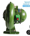 Side view of green Variable Speed 110V 240CFM Forge Blower Fan with Airflow Controller for coal and blacksmithing applications.