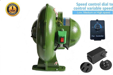 Side view of green Variable Speed 110V 240CFM Forge Blower Fan with Airflow Controller for coal and blacksmithing applications.
