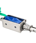 12V DC Solenoid Electromagnet BM0530B, open frame, push-pull actuator, 5N force, 10mm stroke, blue coil wiring visible