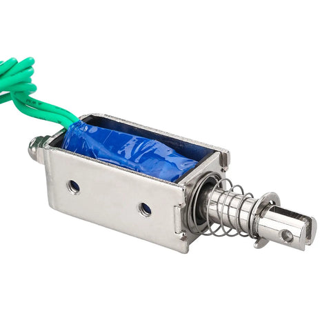 12V DC Solenoid Electromagnet BM0530B, open frame, push-pull actuator, 5N force, 10mm stroke, blue coil wiring visible