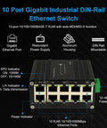 Industrial 10 Port Gigabit Ethernet Switch With 10 100 1000BaseT RJ45 Ports DIN Rail Mount, unmanaged, front view
