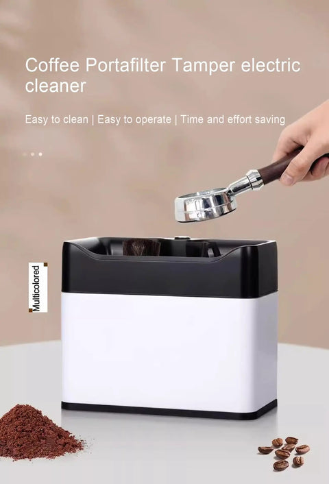 Electric Portafilter Cleaner With Zero Headache Grounds Knock Box, large bin for easy coffee tamper handle cleaning.