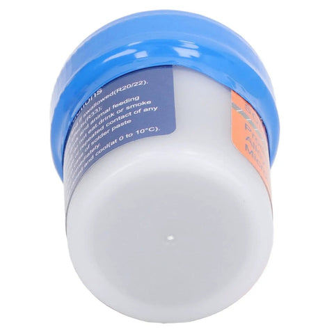 No Clean Solder Paste Sn63 leaded flux 50g jar showing side label and blue lid, ideal for SMT patch and electronic repair.