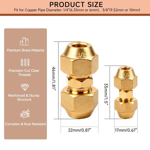 4 Pack 1/4 And 3/8 Inch Copper Pipe Connectors Weld Free Hvac Couplings With Flare Nuts dimensions and features overview.