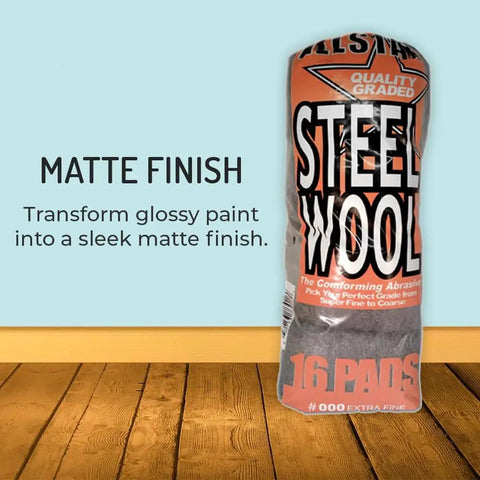 Extra Fine Steel Wool Pads 000 16 Pack For Ultra Smooth Finish Scratch Free Surface Prep Waterless Window Cleaning Polishing Finishing And Woodworking Abrasive packaging on wooden floor.