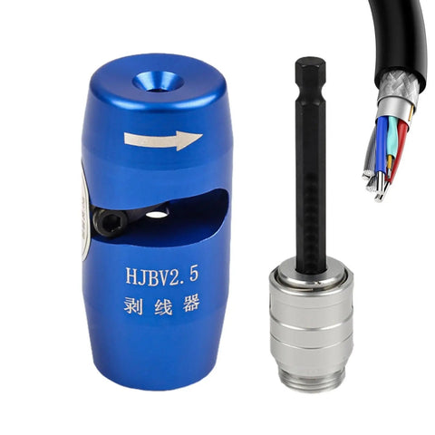 Premium Cord Drill Wire Stripper And Cable Sheathing Crimper Tool For Electrical Pros with blue aluminum casing and hex shank.