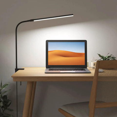 Clip On Desk Lamp LED Reading Light With USB Power Dimmable 3 Color Modes And 10 Brightness Levels on desk