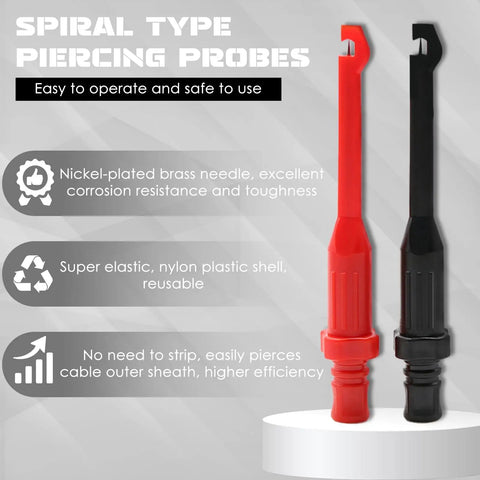 Spiral type piercing probes with nickel-plated brass needle from Six Piece Multimeter Test Leads Kit With 4Mm Banana Plug Leads Insulated Alligator Clips Back Probes And Piercing Probes For Auto Diagnostics Built Tough For Quick Electrical Testing.