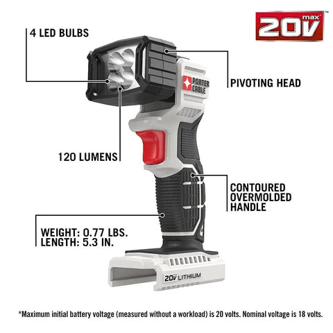 Rechargeable 20V Max LED Work Light With Pivoting Head And 120 Lumens Lit Cordless Portable Spotlight For Dark Job Sites