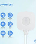 Ceiling Occupancy Motion Sensor Switch for High Bay Fixtures, 360 Degree PIR Auto Light On Off advantages diagram and sensor
