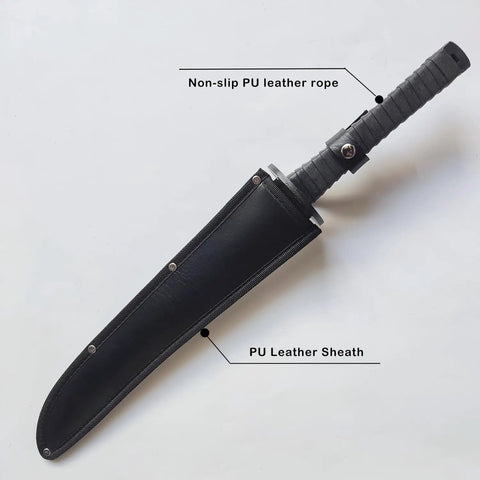 Full Tang Carbon Steel Machete Sword With Leather Sheath for Practice and Outdoor Use, 20.5 inch blade, handle in PU leather sheath