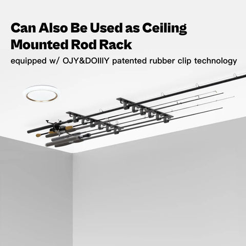 Wall And Ceiling Mount Fishing Rod Rack With Rubber Band Clamp Technology Holds Six Rods And Two Gear Hooks For Garage Storage