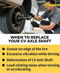 Mechanic inspecting CV axle shaft with list of replacement signs on display board next to vehicle