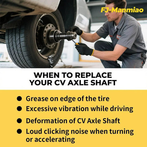 Mechanic checking CV axle shaft on vehicle with text describing repair signs