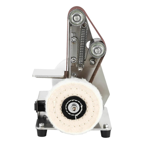 Table Top Mini Belt Sander And Electric Bench Grinder With Reversible Variable Speed Controls featuring a woolen buffing pad.