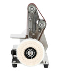Top Shelf Mini Belt Sander With Variable Speed And Badass Steel Frame Comes With Twenty Abrasive Belts, close-up of steel frame and abrasive belt.