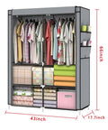Space Saving Wardrobe Organizer Closet With Two Hanging Rods Portable Standing Fabric Wardrobe in brown, 43x17x66 inches, filled with clothes and linens, sturdy steel frame and non-woven fabric cover.