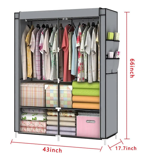 Space Saving Wardrobe Organizer Closet With Two Hanging Rods Portable Standing Fabric Wardrobe in brown, 43x17x66 inches, filled with clothes and linens, sturdy steel frame and non-woven fabric cover.