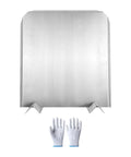 Top view of adjustable steel heat deflector with base and back panel for efficient home heating, includes installation gloves for fireplaces.