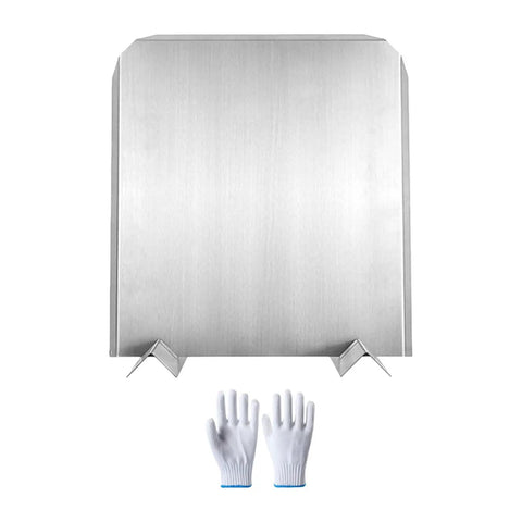 Top view of adjustable steel heat deflector with base and back panel for efficient home heating, includes installation gloves for fireplaces.