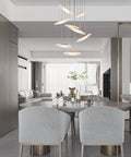 Modern Eight Led Ceiling Pendant Light With Warm Glow Handcrafted Solid Wood Shade energy saving fixture above dining table.