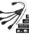 Black 2 Pack 20 Inch 1 To 4 Extension Cord Splitter With 16/3 SJTW 3 Prong Power Cords Indoor And Outdoor Use ETL Listed