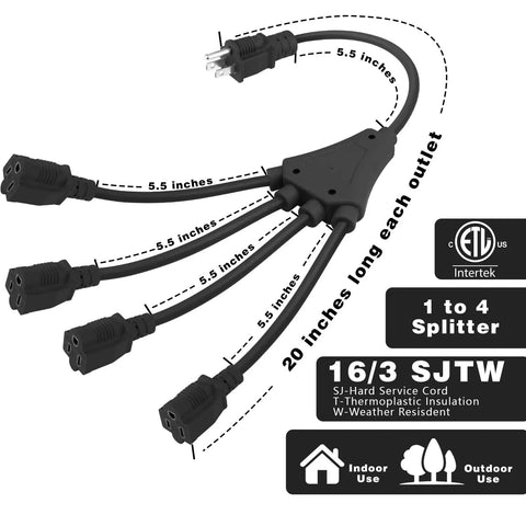 Black 2 Pack 20 Inch 1 To 4 Extension Cord Splitter With 16/3 SJTW 3 Prong Power Cords Indoor And Outdoor Use ETL Listed