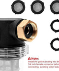 Heavy Duty Garden Hose Filter With Inline Sediment Screen And 3/4 Inch Male Female Threads, close-up showing connectors and mesh screen.