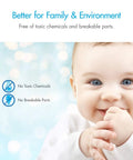 Smiling baby with text about non-toxic, break-free products, promoting safety for family and environment.