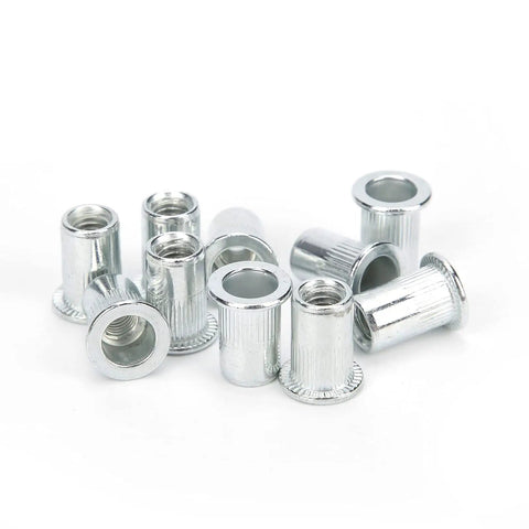 20 Pieces Aluminum Alloy Rivet Nut Kit Set M6 X 10 Rivet Nuts Fasteners displayed in a pile, showcasing their smooth finish.