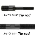 Two metal tie rods with dimensions 3/4 x 7/16 inch and 3/4 x 3/4 inch, displayed on a white background.