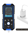 Pro Grade Digital Stud Finder Wall Scanner With AC Wire Detector Auto Depth Gauge showing LCD screen and USB-C charger.