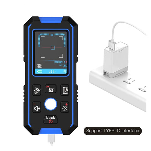Pro Grade Digital Stud Finder Wall Scanner With AC Wire Detector Auto Depth Gauge showing LCD screen and USB-C charger.