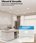 Modern kitchen with Lit 12 Pack 6 Inch LED Can Lights Retrofit Recessed Lighting With Smooth Trim IC Rated Canless Design Dimmable 965 LM 13W 3000K Warm White Damp Rated UL Listed installed in ceiling.