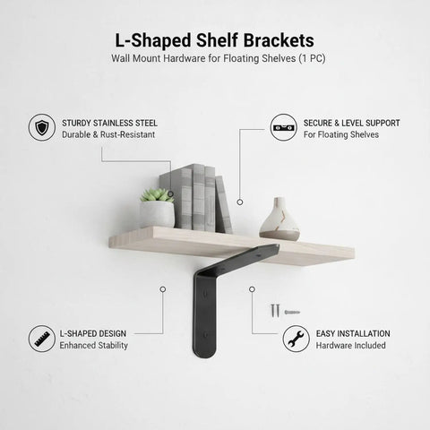 Tough As Nails Black L Shaped Shelf Bracket Stainless Steel Wall Mount For Floating Shelves supporting a wooden shelf with decor items