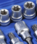 Close-up of a 19 Piece 1/2 Inch Drive Star And Hex Socket Bit Kit With E Type Male And Female Wrenches in a blue case