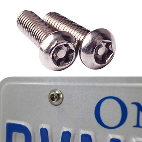 Tight Anti Theft License Plate Screws Keep Your Ride Locked Down Stainless Steel 1/4 Inch Bolts For Cars And Trucks showing two secure license plate screws.