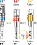 Front view of a 3-piece flexible drill extension set with color-coded adapters 1/2, 3/8, 1/4 in blue, red, yellow.